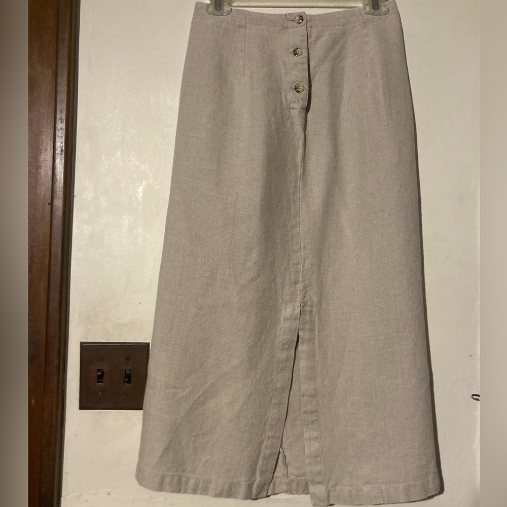 Preowned Eddie Bauer button-up maxi skirt with front vent, size 2, in stone